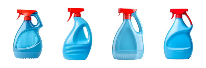 Set of Blue plastic detergent bottle with a red cap and built-in handle isolated on transparent background, cut out