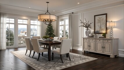 Realistic Modern Holiday Dining Room, Taupe And Brushed Nickel Palette, Brand-Free 3D