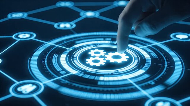 Hand interacting with glowing gear settings icon on futuristic digital interface symbolizing advanced technology system optimization data network management
