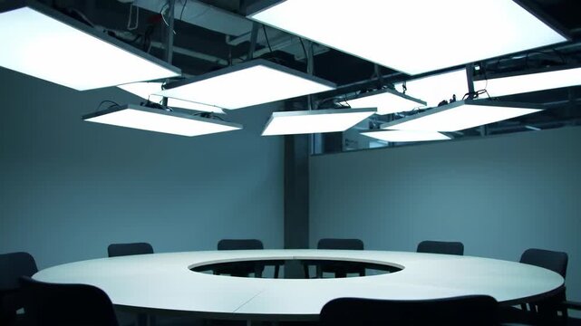 Empty conference room with a round table and modern lighting