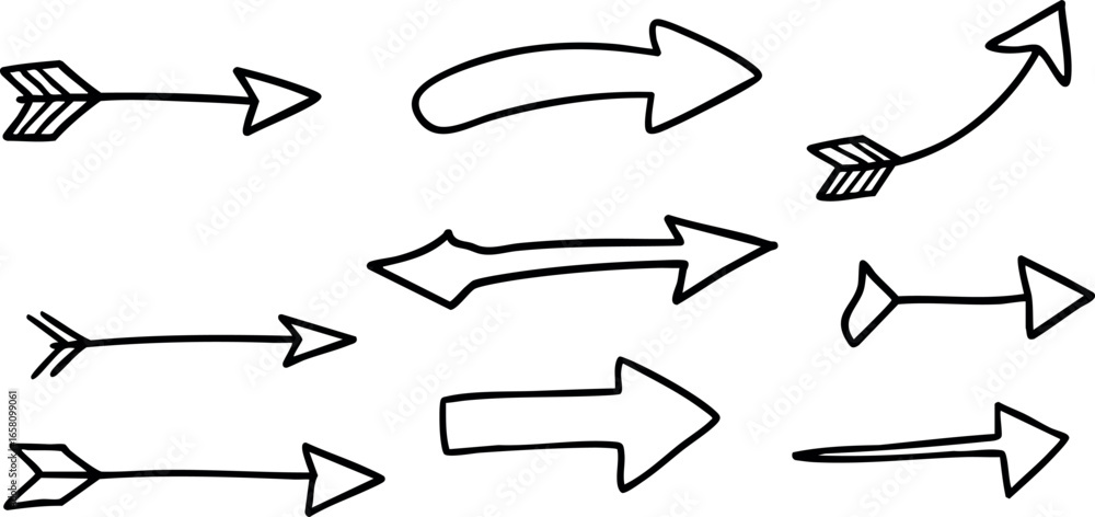 Poster hand drawn arrows set simple sketch style vector illustration for direction and navigation