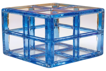 Intricate blue glass cube structure geometric design isolated on transparent background