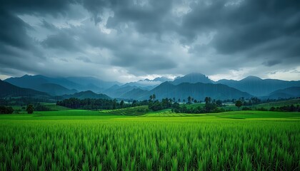 Fototapeta premium Lush green rice field landscape with distant mountains shrouded in mist beneath heavy, rain-filled storm clouds forming a tranquil agricultural vista