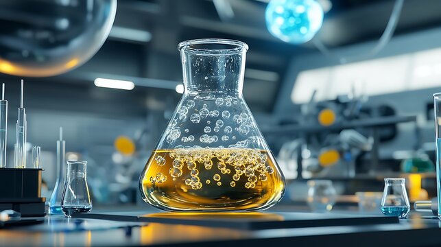 A scientific workspace where a large blackboard is covered in chalk-written chemistry equations and research notes.