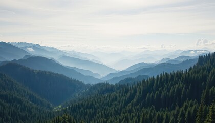 Fototapeta premium Serene mountain range covered in dense evergreen forests, with a hazy blue sky creating a peaceful and inspiring natural landscape