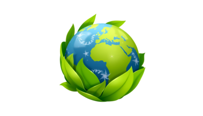 A sharp PNG illustration of Earth wrapped in green leaves, symbolizing sustainability, on a white background.