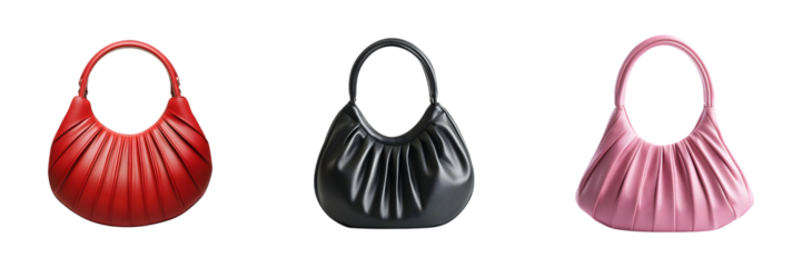 stylish black leather handbag with a rounded handle and gathered pleat design isolated on transparent background, cut out