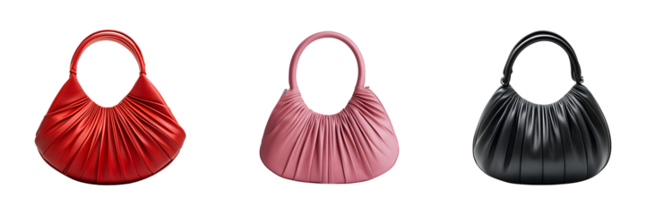 Set of stylish pink, red and black leather handbag with a rounded handle and gathered pleat design isolated on transparent background, cut out