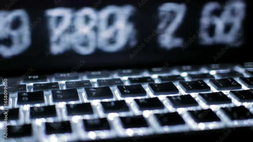 Poster illuminated keyboard with blurry numbers in background at night