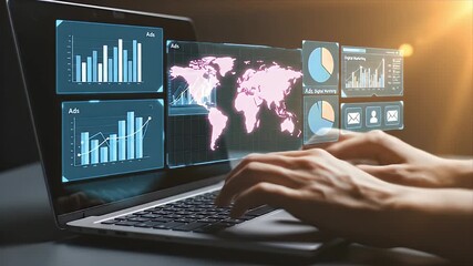 Hands typing on a laptop with advanced holographic digital marketing interface showcasing global ad campaign performance data analytics and business statistics - Powered by Adobe