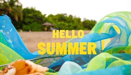 Colorful beach scene with summer greeting