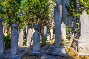 Historic Ottoman Tombstones in Cemetery with Arabic Inscriptions