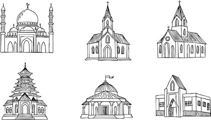 Set of six religious building vector icons including mosque church temple and pagoda 