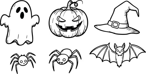 Halloween spooky ghost pumpkin witch hat spider and bat vector icons set 