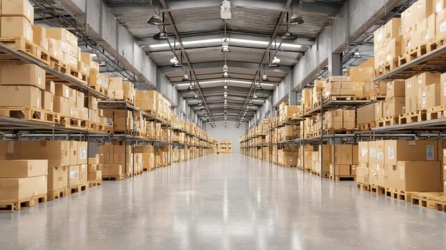 Modern warehouse filled with cardboard boxes