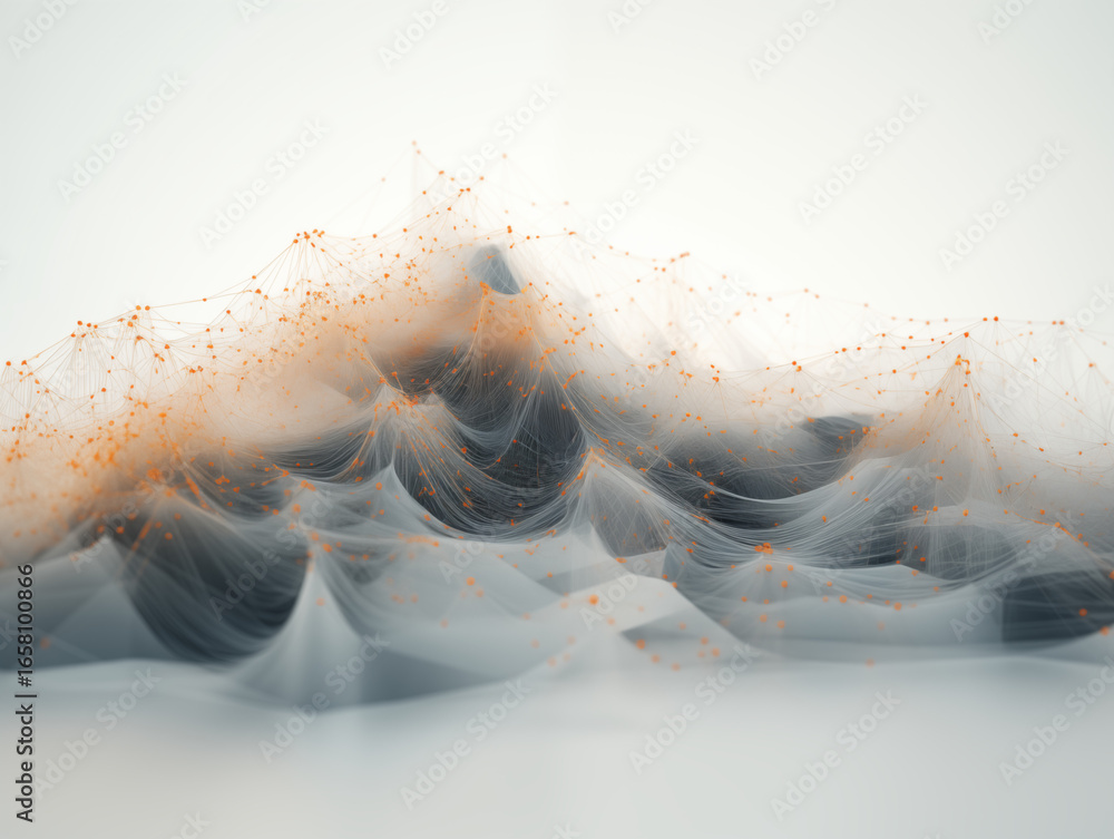 Fototapete dynamic data network visualization with glowing orange nodes and flowing abstract lines, representin