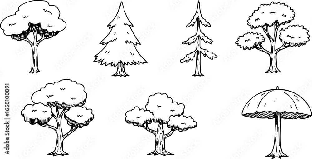 Poster various hand drawn tree sketches vector set with different shapes and styles