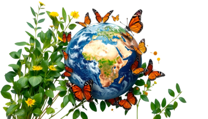 Sharp PNG of Earth surrounded by butterflies and green plants, white background.