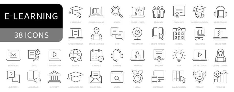 E-learning simple line icons set. Online education editable stroke icon. vector