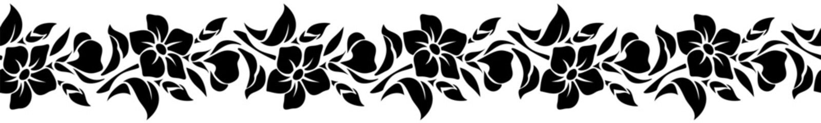 Floral seamless border with flowers and leaves. Floral vignette. Vector black and white flowers garland