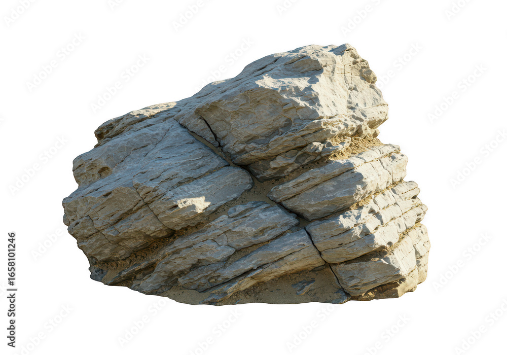 Poster a rough, weathered rock with visible layers and a textured surface, isolated on a transparent backgr