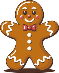 Gingerbread man with bow and icing details, big smiling cookie, Christmas vector illustration, greeting card, poster, sticker, tshirt, printable