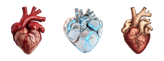 Realistic and futuristic cybernetic human hearts set isolated on transparent background, cut out