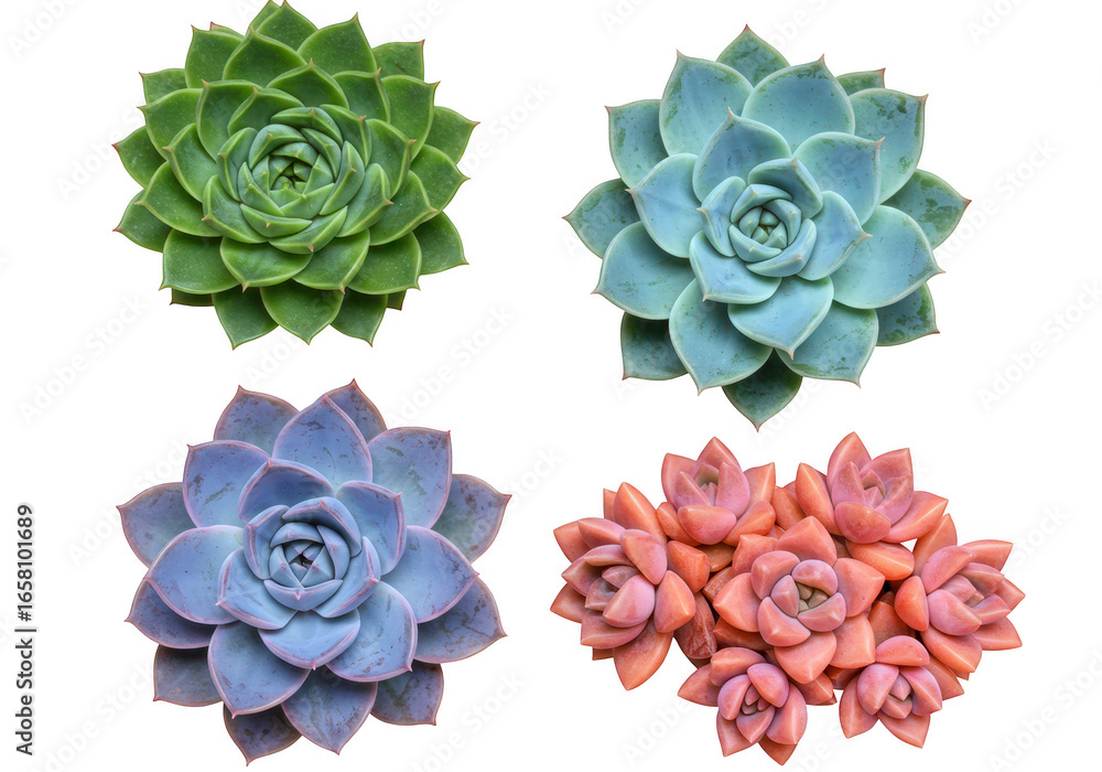 Poster four colorful succulents with intricate petal patterns, isolated on transparent background