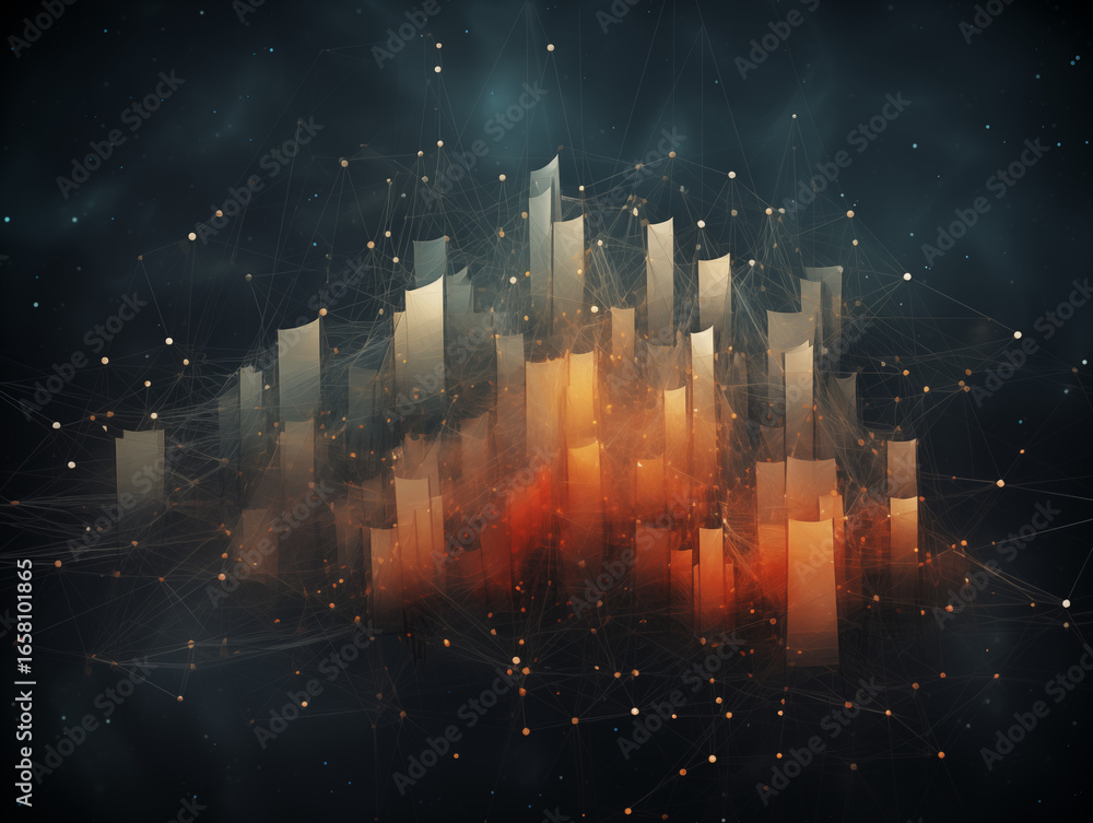 Fototapete dynamic digital cityscape with glowing abstract structures and interconnected network nodes, represe