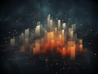 Fototapeta premium Dynamic digital cityscape with glowing abstract structures and interconnected network nodes, representing data or connections