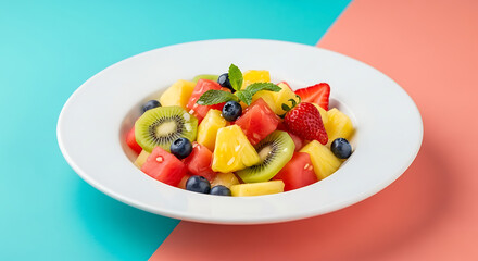 A vibrant fruit salad with a mix of watermelon, kiwi, pineapple, and blueberries, garnished with a sprig of mint, served in a white bowl on a colorful tablecloth