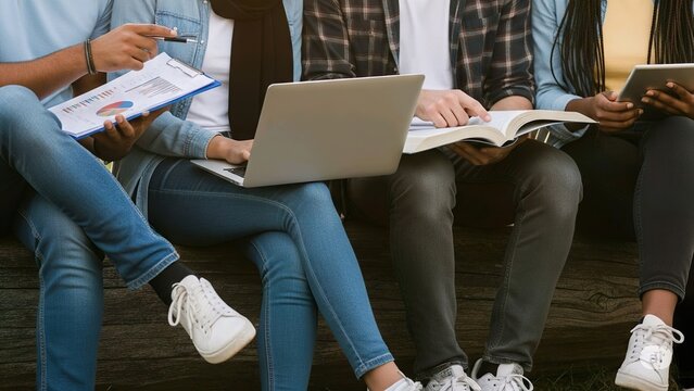 close-up shot of a group of diverse students sitting on a wooden bench.