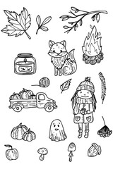 Vector autumn set. Cozy set. Leaves, pumpkin, fire, mushrooms, girl.