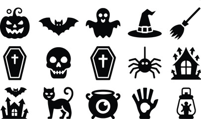 Obraz premium Collection of halloween icons and symbols in silhouette style