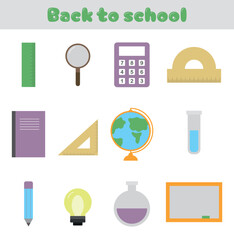 Back to school icons set with book, globe, calculator, pencil, ruler, light bulb, and laboratory equipment. Perfect for education, learning, study, classroom, and school projects.