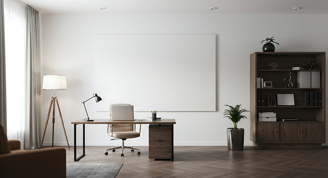 Modern minimalist office workspace with wooden desk, chair, and bookshelf.