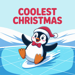Coolest Christmas penguin surfing icy wave with raised wings, sky background, fun holiday vector, greeting card poster sticker tshirt printable