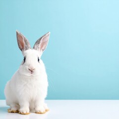 Obraz premium a cute and fluffy bunny rabbit with bright eyes is the center of attention, captured against a solid teal backdrop. The rabbit's fur is pristine, with subtle grey accents on its long ears