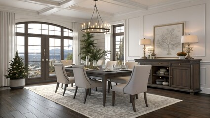 Realistic Royal Class Holiday Dining Room, Taupe And Brushed Nickel Palette, Brand-Free 3D