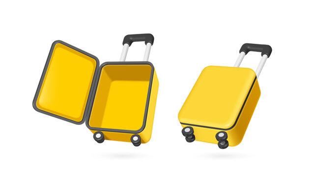 Two yellow suitcases or luggage or in perspective view, first one open showing empty inside and second one closed, vector 3d illustration isolated on white background for travel advertising design