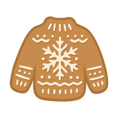 Festive gingerbread cookie shaped like a winter sweater with white icing snowflake decoration.