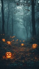 mystical foggy autumn forest with pumpkins