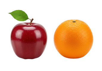 A shiny red apple with a green leaf and a bright orange next to it, isolated on transparent background