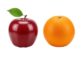 A shiny red apple with a green leaf and a bright orange next to it, isolated on transparent background