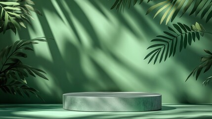 Obraz premium Green pedestal with tropical foliage backdrop.