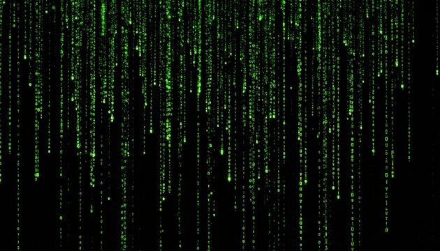 Digital rain of falling matrix-style code streams, glowing green against black