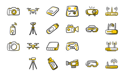 Fototapeta premium Bundle of Electronic Device Silhouette Icons, Modern Vector Set of Camera, Drone, Hard Drive, Game Controller, Projector, Router, USB Stick, Tripod, Camcorder, and VR Glasses with White Background 