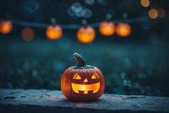 halloween jack-o’-lantern pumpkin with warm candlelight and bokeh lights