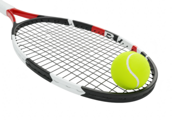 A tennis racket with a bright yellow ball resting on its strings, isolated on transparent background