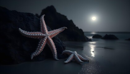 A monochrome image of starfish clinging to a dark, jagged rock formation under a full moon, emphasizing the stark beauty and resilience of nocturnal intertidal creatures.